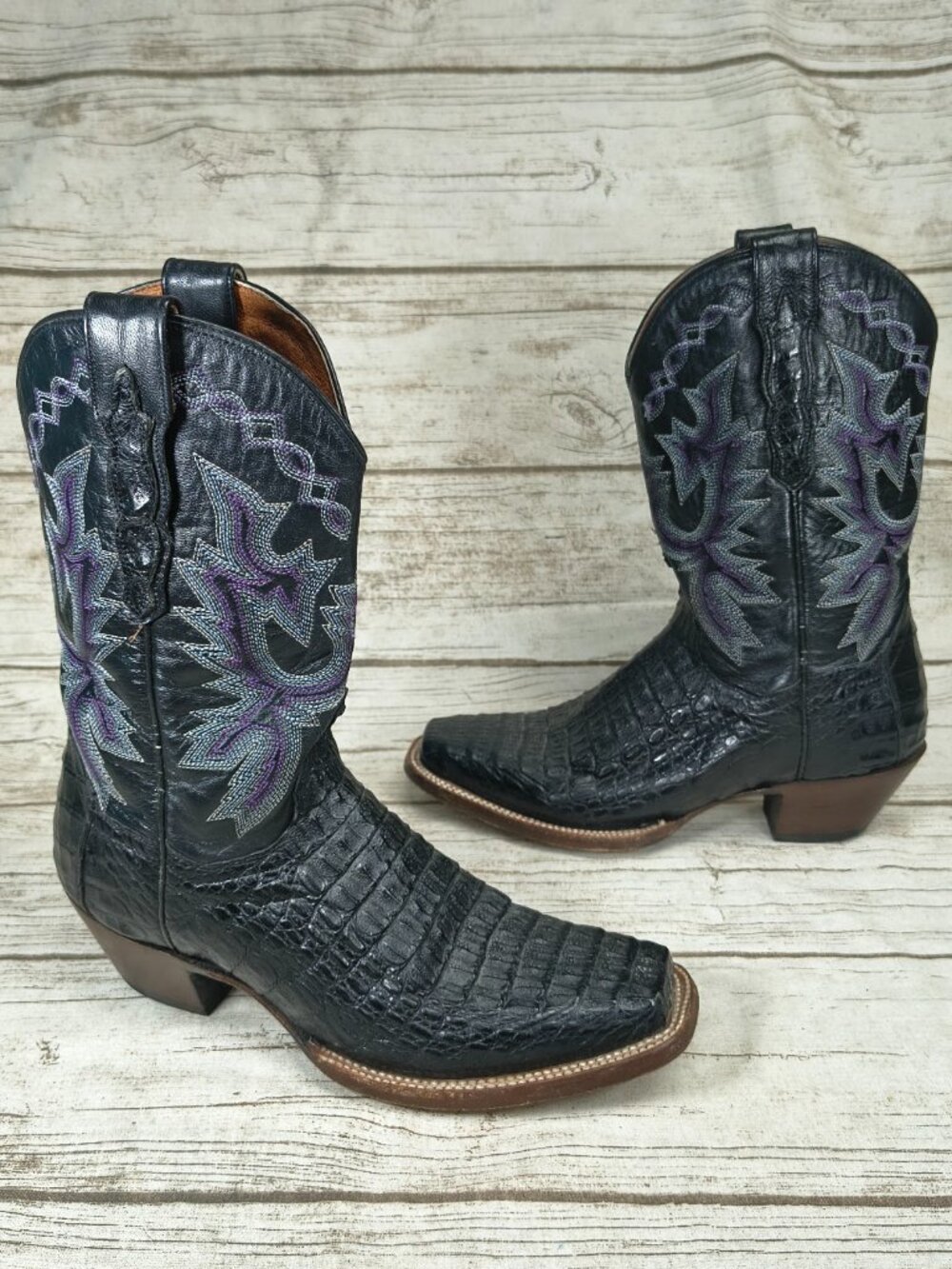 Dan Post  Caiman Leather Western Boots Black Purple Stitch Square Toe Women 8.5